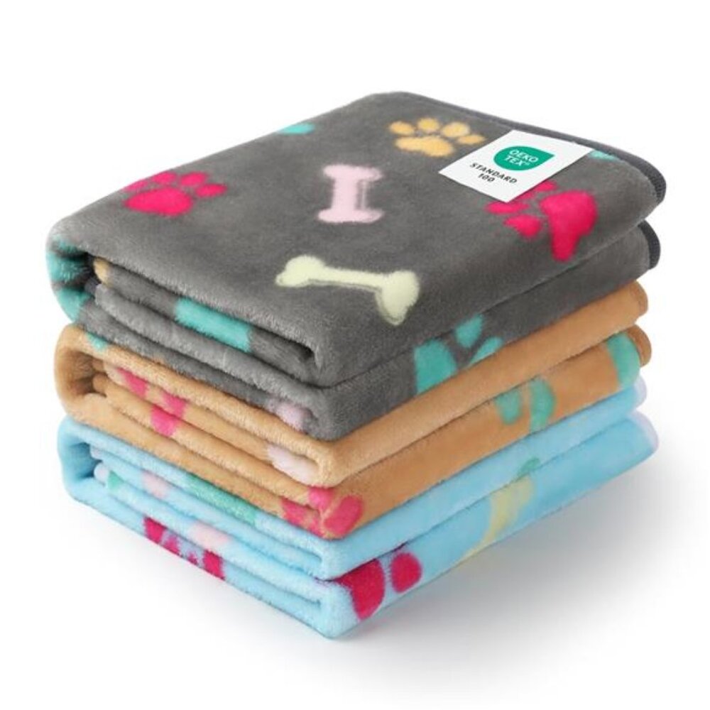 Fluffy Pet Blanket Set 3 Pack Paw Print Fleece Throw Soft Cozy Dog Cat Bedding